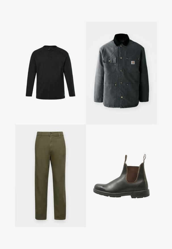 Donkergrijze canvas jas met een zwarte corduroy kraag, koperen drukknoopjes en twee borstzakken met een logo-opdruk. Soepele textuur.; Zwarte lange mouw Henley-shirt met drie knopen en een ronde hals, eenvoudig design en rechte zoom.; Olijfgroene katoenen broeken met een recht model, knoopsluiting en minimale stikseldetails. Gladde textuur en geen uitgesproken patronen.; Chelsea-boots van glad zwart leer met bruine elastische zijpanelen, contrasterende stiksels en een gestructureerde rubberen zool.