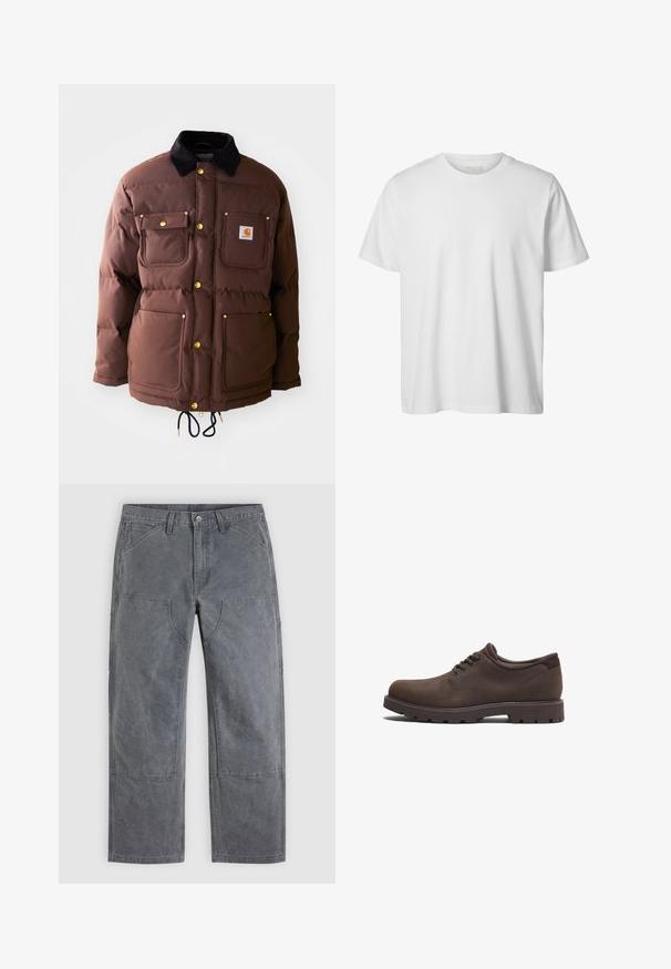 Chaqueta acolchada marrón con cuello de pana, cuatro bolsillos frontales, herrajes dorados y un cordón ajustable en el dobladillo.; Camiseta blanca lisa de manga corta con cuello redondo, corte holgado y sin logos o diseños visibles en el frente.; Pantalones grises de pierna recta con refuerzos en las rodillas, bolsillos delanteros y trabillas para cinturón, mostrados extendidos sobre un fondo liso.; Zapatos de cuero marrón con puntera redondeada y diseño de cordones. Presentan una superficie texturizada y una suela de goma de alta tracción. Logo sutil en el lado.