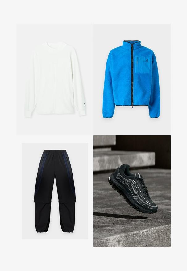 Blå fleecejakke med høj krave, frontlynlås og logo-lappe-lomme på venstre bryst. Har tekstureret stof og sort kant.; Hvid langærmet pullover med rund halsudskæring, ribbede manchetter og en central søm, der løber lodret ned foran. Blødt stof.; Sorte og mørkeblå cargobukser med elastisk linning og manchetter, de har lynlåslommer på siden og lagdelte stofpaneler på lårene.; Sort og grå Nike Air Max sneaker, der flyder over grå betontrin med tekstureret jordbaggrund.