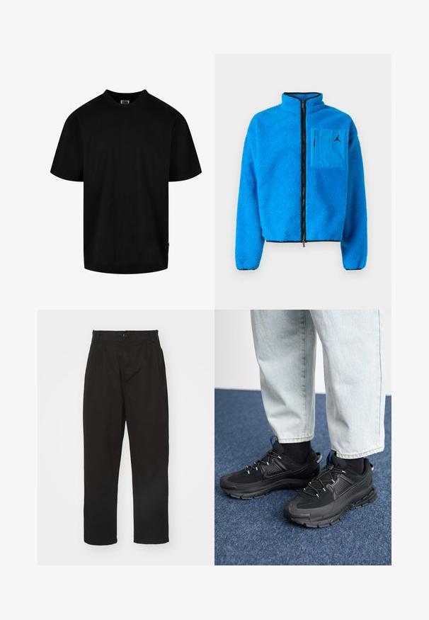 Blå fleecejakke med høj krave, frontlynlås og logo-lappe-lomme på venstre bryst. Har tekstureret stof og sort kant.; Sort T-shirt lavet af bomuld, med rund halsudskæring og korte ærmer i en løs pasform. Enkel design, uden mønstre eller grafik.; Sorte bukser lavet af glat stof, med knaplukning, lige pasform og to frontfolder for ekstra detalje.; Sorte træningssko med tekstureret stof og gummisåler, udstyret med elastiske snørebånd og en blå detalje på hælen. Bæres med lyse denimbukser.