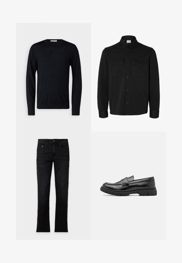 Sort langærmet skjortejakke med knapper, spids krave, to brystlommer med klapper og knapper samt knaphul på manchetterne.; Sort langærmet rundhalset sweater med ribstrikkede ærmeafslutninger og kant, vist mod en hvid baggrund.; Sorte jeans med lige ben, for- og baglommer, knap og lynlås, fladt lagt på en lys baggrund. Ingen synlig slid eller branding.; Sort læder loafersko med en bred rem over forfoden, gummisål med tykke mønstre og glat overflade. Klassisk, slankt design.