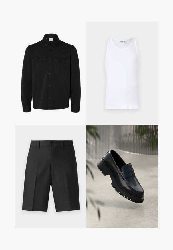 Chaqueta camisa negra de manga larga con botones, cuello puntiagudo, dos bolsillos en el pecho con solapas y botones, y puños abotonados.; Top sin mangas de algodón blanco con cuello redondo y tirantes anchos. Textura suave, sin patrones, diseño limpio y etiqueta de marca en el escote.; Bermudas negras a medida de tela ligera, con corte recto, pliegues simples y cierre frontal de botón.; Mocasines de cuero negro con suela gruesa, que presentan una correa decorativa y detalles de costura. Textura suave con un acabado pulido.