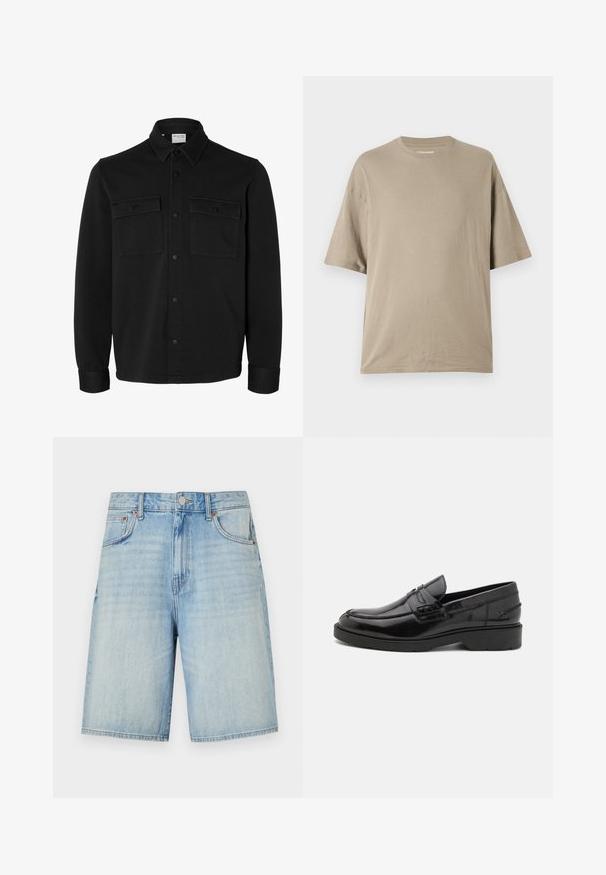 Zwart overhemdjack met lange mouwen en knopen, met spitse kraag, twee borstzakken met klep en knopen en knoopmanchetten.; Beige t-shirt met korte mouwen, gemaakt van zachte katoen, met een ronde hals en een ontspannen pasvorm, met een gladde textuur en minimale details.; Lichtblauwe denimshorts met een rechte snit, voorzien van een knoop- en ritsluiting, vijf zakken en een licht vervaagde afwerking.; Zwarte leren instappers met een gladde afwerking, ronde neus, lage hak en decoratieve stiksels aan de voorkant. Rubberen buitenzool voor grip.