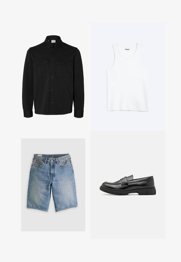 Veste-chemise noire à manches longues avec col pointu, deux poches poitrine à rabat avec boutons et poignets boutonnés.; Débardeur blanc sans manches avec col rond et étiquette de la marque Weekday à l'intérieur du col arrière, présenté à plat sur un fond clair.; Shorts en denim bleu clair avec une coupe classique. Comprend cinq poches, des coutures orange et des ourlets à bord brut.; Mocassin en cuir noir avec une large sangle sur le devant, semelle en caoutchouc à épaisse rainure, et texture lisse. Design classique et élégant.