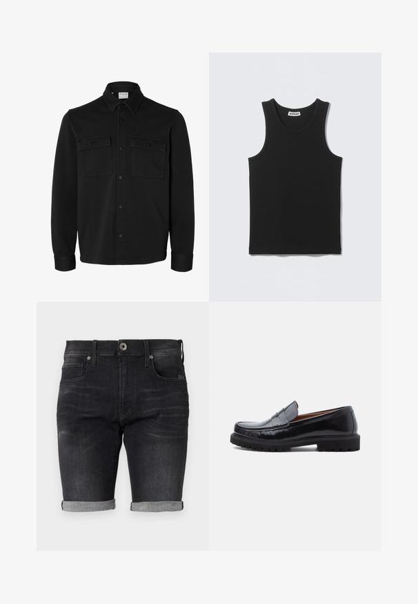 Chaqueta camisa negra de manga larga con botones, cuello puntiagudo, dos bolsillos en el pecho con solapas y botones, y puños abotonados.; Camiseta negra sin mangas con costillas, escote redondo y etiqueta de la marca Weekday en el interior del cuello trasero.; Pantalones cortos de mezclilla negra con un diseño ajustado, dobladillos enrollados y una cinturilla clásica que cuenta con un cierre de botón delantero y bolsillos laterales.; Mocasines de penny de cuero negro con suela de goma gruesa y costura tipo moc, presentados de perfil sobre un fondo blanco.