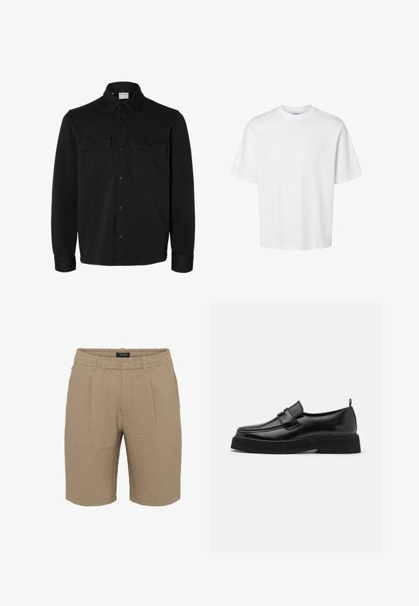 Sort langærmet skjortejakke med knapper, spids krave, to brystlommer med klapper og knapper samt knaphul på manchetterne.; Enkel hvid t-shirt med korte ærmer, rund hals og løs pasform vist på hvid baggrund.; Beige shorts lavet af struktureret stof med en rynket overflade, en elastisk talje og to frontfolder.; Sorte læder loafersko i stil med flad, tekstureret sål, med en syet tå og en rem over vristen.