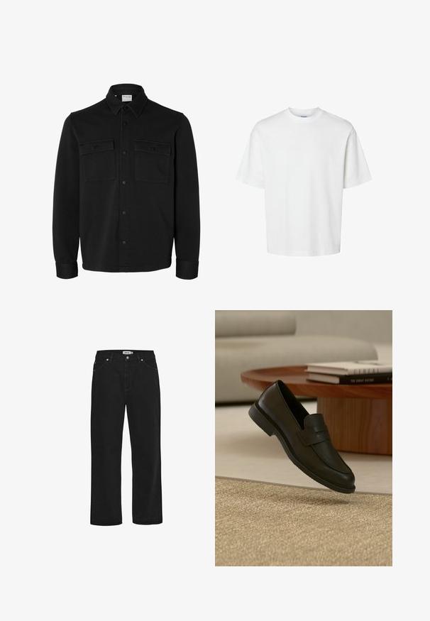 Chaqueta camisa negra de manga larga con botones, cuello puntiagudo, dos bolsillos en el pecho con solapas y botones, y puños abotonados.; Camiseta blanca lisa de manga corta con cuello redondo y corte holgado mostrada sobre un fondo blanco.; Vaqueros de mezclilla negra con corte recto, diseño de cinco bolsillos, detalles en hardware de cobre y una cinta de cintura resistente. Textura suave, estilo sin adornos.; Zapato mocasín de cuero negro mostrado en el aire sobre una alfombra beige tejida, con una mesa de madera y libros apilados en una sala de estar con luz suave.