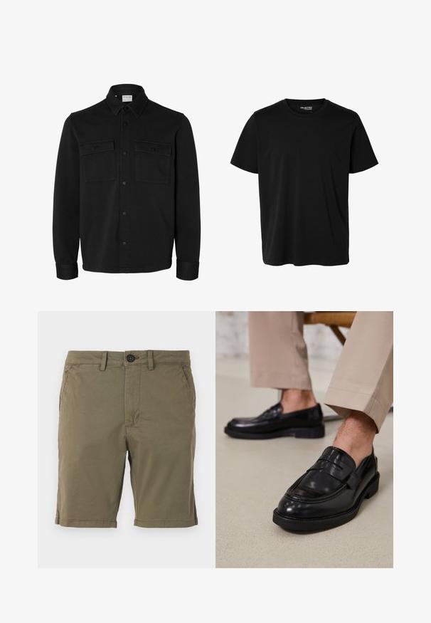 Veste-chemise noire à manches longues avec col pointu, deux poches poitrine à rabat avec boutons et poignets boutonnés.; T-shirt noir uni à manches courtes et col rond pour homme, sans motifs ni logos visibles à l’avant.; Shorts vert olive en tissu mélangé coton, avec une fermeture à bouton, des poches avant et un bas ourlé avec des détails de couture subtils.; Mocassins en cuir noir avec une finition lisse, ornés d'une sangle décorative et de coutures contrastées, associés à un pantalon beige.