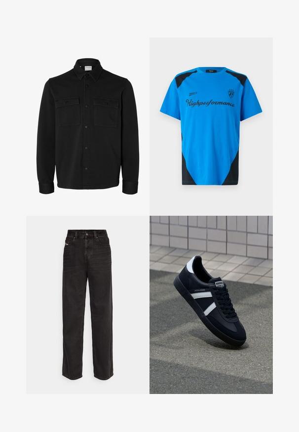 Veste-chemise noire à manches longues avec col pointu, deux poches poitrine à rabat avec boutons et poignets boutonnés.; Replay SHORT SLEEVE GRAPHIC - T-shirt imprimé - azzurro; Pantalons en denim noir à jambes larges avec taille haute, fermeture à bouton à l'avant, deux poches latérales et détails de coutures subtils.; Sneaker en cuir noir avec des rayures blanches, semelle en caoutchouc texturée et devant à lacets. Présente une étiquette de marque sur la languette.