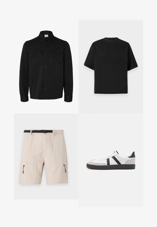 Chaqueta camisa negra de manga larga con botones, cuello puntiagudo, dos bolsillos en el pecho con solapas y botones, y puños abotonados.; Camiseta negra de manga corta en un corte holgado, hecha de algodón suave, con cuello redondo y un diseño minimalista.; Bermudas cargo beige con cinturilla elástica, cinturón negro ajustable y bolsillos laterales con cremallera. Hechas de una tela ligera con una textura sutil.; Zapatilla blanca con acentos en negro y gris, que presenta una puntera texturizada en gris, suela de goma negra y cordones planos blancos. Diseño limpio, estilo minimalista.