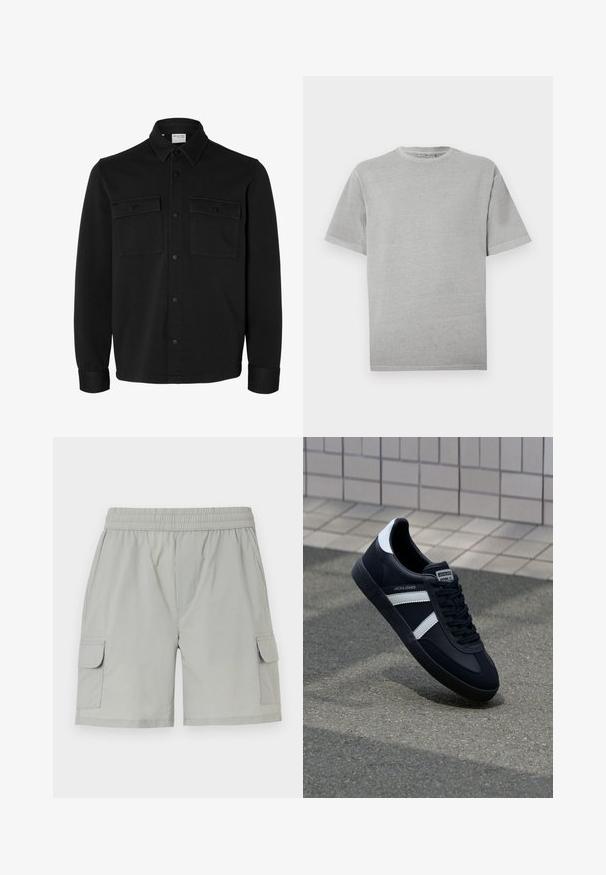 Zwart overhemdjack met lange mouwen en knopen, met spitse kraag, twee borstzakken met klep en knopen en knoopmanchetten.; Effen lichtgrijs T-shirt met korte mouwen en ronde hals, rechte zoom, weergegeven tegen een witte achtergrond.; Lichtgrijze cargo shorts met een elastische tailleband, twee zijzakken en twee cargozakken met flappen voor extra functionaliteit.; Zwarte leren sneaker met witte strepen, een gestructureerde rubberen zool en vetersluiting aan de voorkant. Voorzien van een merklabel op de tong.