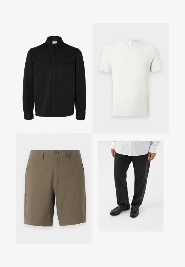 Zwart overhemdjack met lange mouwen en knopen, met spitse kraag, twee borstzakken met klep en knopen en knoopmanchetten.; Effen witte korte mouw T-shirt met ronde hals plat gelegd op een lichtgrijze achtergrond met een klein stoffen label bij de kraag.; Olivengroene shorts gemaakt van textuurstof, met een knoopsluiting en een platte voorkant, en zijzakken voor functionaliteit.; Zwarte denim broek gecombineerd met glanzende zwarte instappers. Het shirt is wit met dunne verticale strepen, heeft lange mouwen en een geknoopte kraag.