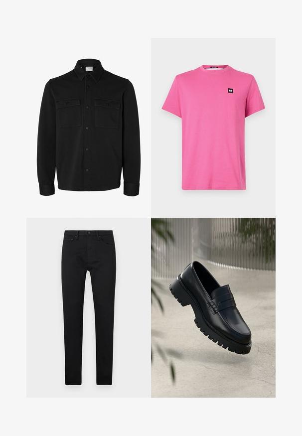 Schwarze langärmelige Hemdjacke mit spitzem Kragen, zwei Brusttaschen mit Klappen und Knöpfen sowie knöpfbaren Manschetten.; Rosa Baumwoll-T-Shirt mit kurzen Ärmeln, rundem Ausschnitt und einem kleinen schwarzen Logo-Patch auf der Brust. Einfaches Design und glatte Textur.; Schwarze Slim-Fit-Jeans mit fünf Taschen, Knopfverschluss und Gürtelschlaufen, auf einem schlichten weißen Hintergrund präsentiert.; Schwarze Lederloafer mit einer robusten profilierten Sohle, ausgestattet mit einem dekorativen Riemen und einer Stichdetail. Glatte Textur mit einem polierten Finish.