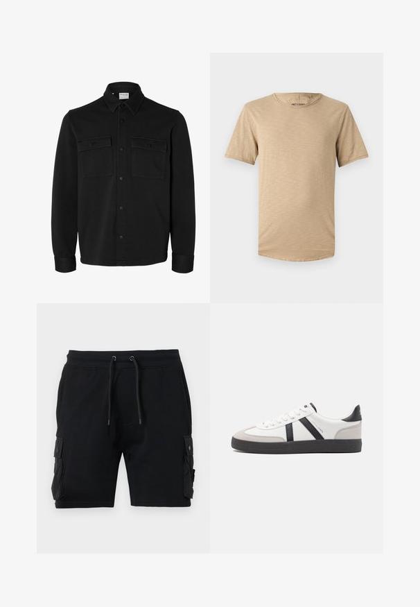 Sort langærmet skjortejakke med knapper, spids krave, to brystlommer med klapper og knapper samt knaphul på manchetterne.; Beige kortærmet t-shirt lavet af blødt stof. Har en rund halsudskæring og en let struktureret overflade med en buet kant.; Sort cargo shorts lavet af en bomuldsblanding, med to sidelommer, justerbar talje med snor og en glat tekstur.; Hvide sneakers med sorte og grå detaljer, med en tekstureret grå tåhætte, sort gummisål og flade hvide snørebånd. Rent design, minimalistisk stil.
