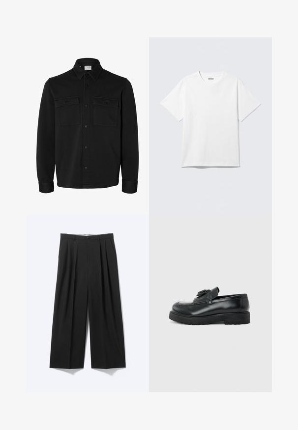 Veste-chemise noire à manches longues avec col pointu, deux poches poitrine à rabat avec boutons et poignets boutonnés.; T-shirt blanc à manches courtes et col rond, étalé à plat, design uni, avec l'étiquette "WEEKDAY" à l'intérieur du col sur un fond clair.; Pantalon noir à jambes larges avec plis sur le devant, passants pour ceinture et fermeture à bouton, présenté sur un fond clair uni.; Mocassin en cuir noir avec pampilles, semelle épaisse en caoutchouc et talon bas, présenté de profil sur un fond uni.