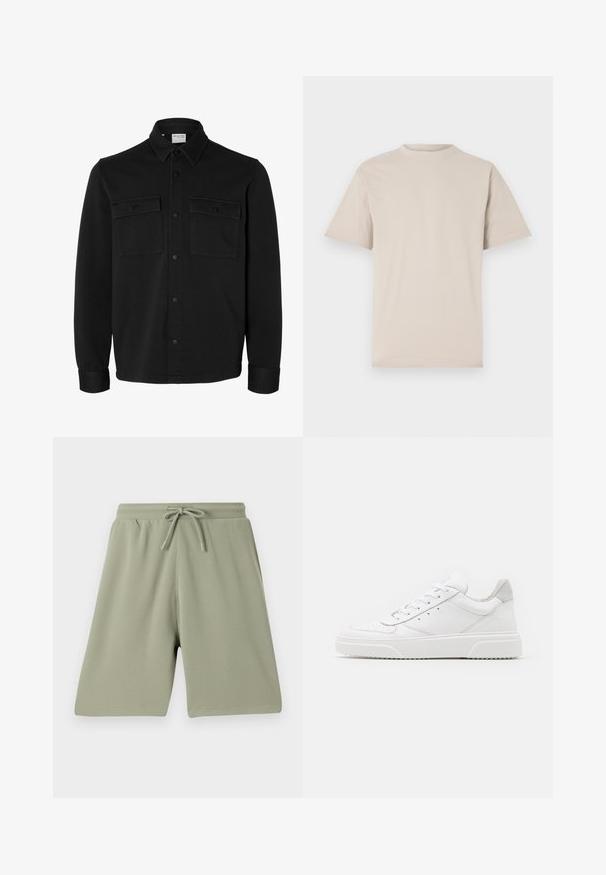 Chaqueta camisa negra de manga larga con botones, cuello puntiagudo, dos bolsillos en el pecho con solapas y botones, y puños abotonados.; Camiseta de manga corta beige, con cuello redondo, hecha de una suave tela de algodón, que presenta un corte relajado y sin patrones o adornos visibles.; Pantalones cortos verde claro hechos de una tela texturizada con cintura elástica y cordón. Corte recto y diseño hasta la rodilla.; Zapatillas de cuero blanca con un acabado suave, punta redondeada, cordones planos y una suela texturada. Acento de ante gris en el talón.