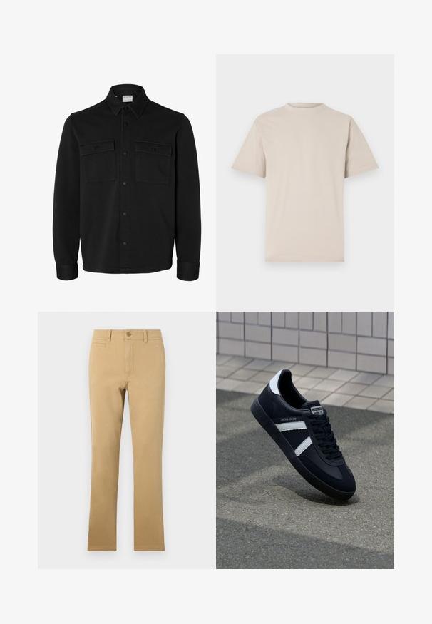 Sort langærmet skjortejakke med knapper, spids krave, to brystlommer med klapper og knapper samt knaphul på manchetterne.; Beige kortærmet t-shirt med rund hals, lavet af glat bomuldsstof, med en afslappet pasform og uden synlige mønstre eller udsmykninger.; Kaki-farvede lige ben bukser lavet af bomuld, med knaplukning, forlommer og en glat overflade.; Sort lædersneaker med hvide striber, tekstureret gummisål og snørrebånd foran. Har et brandet mærke på tungen.