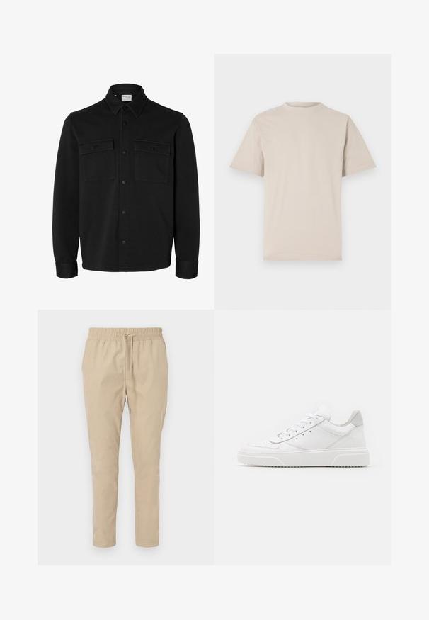 Veste-chemise noire à manches longues avec col pointu, deux poches poitrine à rabat avec boutons et poignets boutonnés.; T-shirt beige à manches courtes, col rond, en tissu coton lisse, avec une coupe décontractée et sans motifs ni embellissements visibles.; Pantalons beiges légers avec une taille élastique et un cordon de serrage. Design à jambe droite, texture lisse, sans motifs ni accents visibles.; Des baskets en cuir blanc avec une finition lisse, un bout rond, des lacets plats et une semelle texturée. Accents en daim gris au niveau du talon.