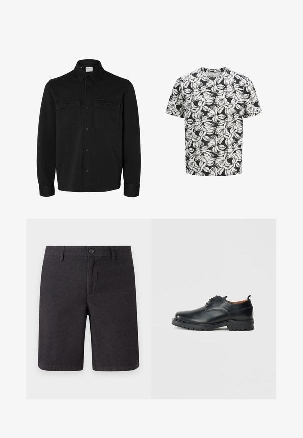 Veste-chemise noire à manches longues avec col pointu, deux poches poitrine à rabat avec boutons et poignets boutonnés.; T-shirt à manches courtes en tissu doux avec un fond noir et un motif de feuilles blanches. Encolure ronde, coupe décontractée.; Shorts gris foncé en tissu tissé, dotés d'une fermeture à bouton, de passants de ceinture et d'une coupe droite, avec des ourlets nets et des poches latérales.; Chaussures derby en cuir noir avec une texture lisse, bout rond, design à lacets et une semelle en caoutchouc épaisse et robuste.