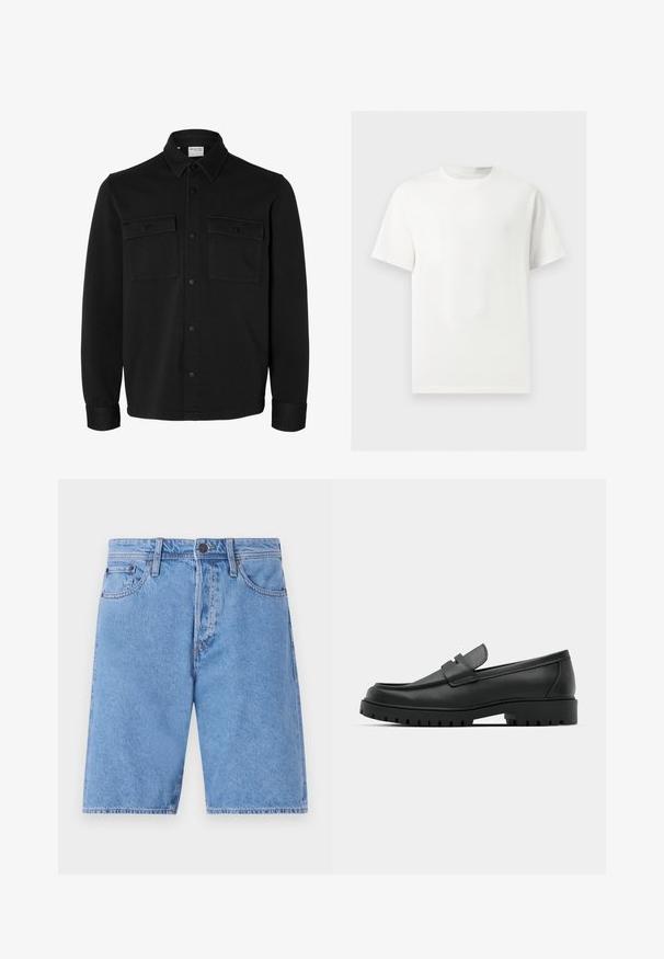 Schwarze langärmelige Hemdjacke mit spitzem Kragen, zwei Brusttaschen mit Klappen und Knöpfen sowie knöpfbaren Manschetten.; Ein einfaches weißes T-Shirt mit kurzen Ärmeln und Rundhalsausschnitt, dargestellt auf einem hellgrauen Hintergrund.; Helle blaue Denim-Shorts mit klassischem Fünf-Taschen-Design, Knopfverschluss und geradem Bein. Sie verfügen über eine ausgewaschene Textur und Nähte als Akzent.; Schwarze Lederloafer mit runder Zehenform, ausgestattet mit einem gesteppten Design, niedrigem Plattformsohle und einer strukturierten, genoppten Gummisohle.