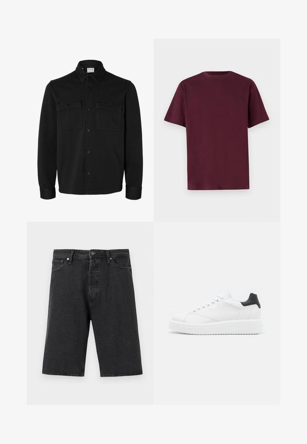 Sort langærmet skjortejakke med knapper, spids krave, to brystlommer med klapper og knapper samt knaphul på manchetterne.; Bordeaux bomulds t-shirt med korte ærmer, rund halsudskæring og en glat tekstur. Enkel design uden mønstre eller yderligere detaljer.; Sorte denimshorts med lige snit, standard fem-lommer design, knaplukning og en tekstureret stoffinish.; Hvide lædersneakers med en sort hælflap, flade snørebånd, struktureret mellemsål og branding på ydersiden. Designet til afslappet brug.
