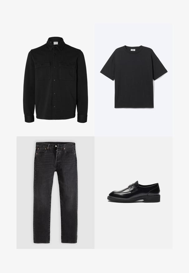 Veste-chemise noire à manches longues avec col pointu, deux poches poitrine à rabat avec boutons et poignets boutonnés.; T-shirt noir à manches courtes avec col rond, coupe décontractée, vue de face, design uni et étiquette de la marque Weekday visible à l’intérieur du col.; Jean en denim noir à coupe droite, avec deux poches avant, une poche à monnaie et des rivets en métal. Design classique à cinq poches.; Zign by Zalando LEATHER - Mocassins de ville - black
