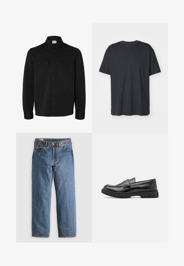 Sort langærmet skjortejakke med knapper, spids krave, to brystlommer med klapper og knapper samt knaphul på manchetterne.; Sort bomulds T-shirt med korte ærmer, rund halsudskæring, afslappet pasform og glat tekstur. Ingen synlige mønstre eller yderligere detaljer.; Blå denimjeans med lige snit, der har høj talje, kobbernitter og orange syninger. Foran og bagpå er der lommer.; Sort læder loafersko med en bred rem over forfoden, gummisål med tykke mønstre og glat overflade. Klassisk, slankt design.