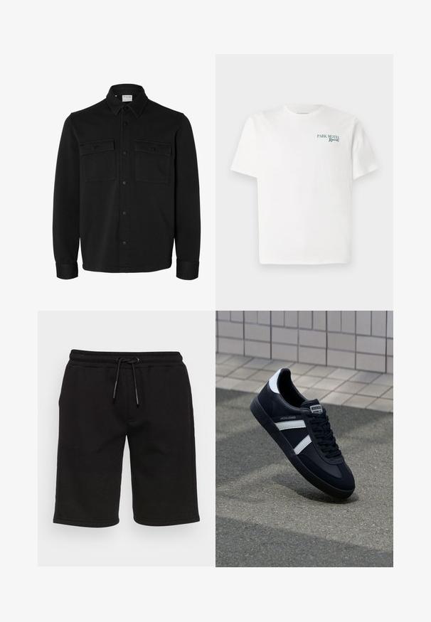 Zwart overhemdjack met lange mouwen en knopen, met spitse kraag, twee borstzakken met klep en knopen en knoopmanchetten.; Witte katoenen t-shirt met een ronde hals. Aan de voorkant staat groene tekst: "PARK MOTEL Resort." Korte mouwen en een relaxte pasvorm. Soepele textuur.; Only & Sons ONSCERES LIFE - Shorts - black; Zwarte leren sneaker met witte strepen, een gestructureerde rubberen zool en vetersluiting aan de voorkant. Voorzien van een merklabel op de tong.
