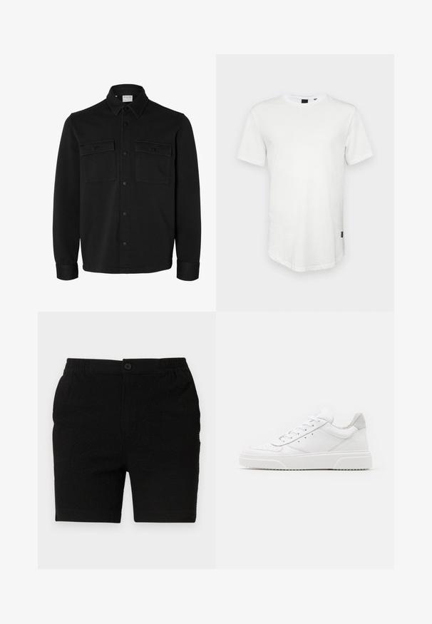 Schwarze langärmelige Hemdjacke mit spitzem Kragen, zwei Brusttaschen mit Klappen und Knöpfen sowie knöpfbaren Manschetten.; Weißes T-Shirt mit kurzen Ärmeln aus Baumwolle, mit Rundhalsausschnitt und einem leicht verlängerten Rückenteil, sowie einem kleinen Logo-Akzent an der Seite.; Schwarze Shorts aus einem strukturierten Stoff, mit elastischem Bund und einem einzelnen Knopfverschluss. Für die Freizeit gestaltet, mit geradem Schnitt.; Weiße Leder-Sneaker mit glatter Oberfläche, rundem Zehenbereich, flachen Schnürsenkeln und strukturiertem Schuhsohlen. Graues Wildleder-Detail an der Ferse.