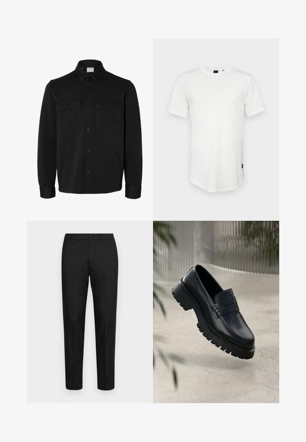Schwarze langärmelige Hemdjacke mit spitzem Kragen, zwei Brusttaschen mit Klappen und Knöpfen sowie knöpfbaren Manschetten.; Weißes T-Shirt mit kurzen Ärmeln aus Baumwolle, mit Rundhalsausschnitt und einem leicht verlängerten Rückenteil, sowie einem kleinen Logo-Akzent an der Seite.; Schwarze Hose aus glattem Stoff mit schlankem Schnitt, ausgestattet mit einem Knopfverschluss, Gürtelschlaufen und gerade geschnittenen Beinen.; Schwarze Lederloafer mit einer robusten profilierten Sohle, ausgestattet mit einem dekorativen Riemen und einer Stichdetail. Glatte Textur mit einem polierten Finish.