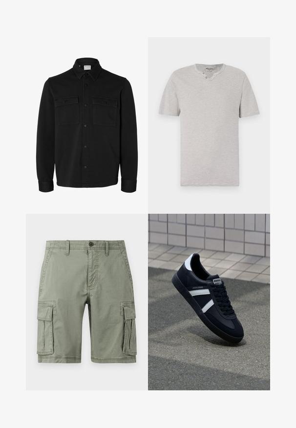 Sort langærmet skjortejakke med knapper, spids krave, to brystlommer med klapper og knapper samt knaphul på manchetterne.; Kortærmet, grå og hvid stribet t-shirt med rund hals og to-knap detaljer ved halsudskæringen. Blødt stof med en afslappet pasform.; Grønne cargo shorts lavet af bomuldsblanding, der har to sidelommer, knaplukning og lige snit.; Sort lædersneaker med hvide striber, tekstureret gummisål og snørrebånd foran. Har et brandet mærke på tungen.