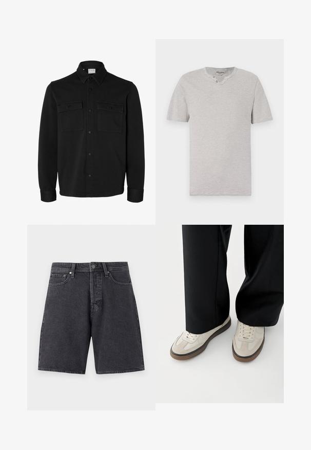 Sort langærmet skjortejakke med knapper, spids krave, to brystlommer med klapper og knapper samt knaphul på manchetterne.; Kortærmet, grå og hvid stribet t-shirt med rund hals og to-knap detaljer ved halsudskæringen. Blødt stof med en afslappet pasform.; Mørkegrå denimshorts med lige snit. Funktioner inkluderer to frontlommer, en baglomme og en metalknaplukning.; Fødder iført beige sneakers med brune såler og sorte bukser med vide ben på hvid baggrund.