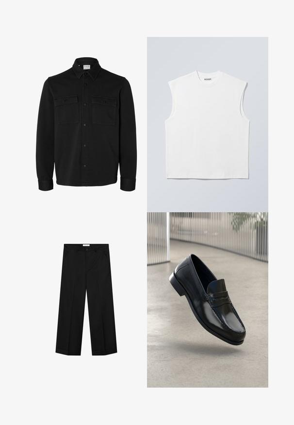 Schwarze langärmelige Hemdjacke mit spitzem Kragen, zwei Brusttaschen mit Klappen und Knöpfen sowie knöpfbaren Manschetten.; Weißes ärmelloses Baumwolltop mit Rundhalsausschnitt und strukturierten Schultern, mit "WEEKDAY" auf dem Kragenetikett versehen, vor hellgrauem Hintergrund dargestellt.; Schwarze Hosen mit weitem Bein aus glattem Material, mit Vordertaschen, einem Knopfverschluss und einer Bügelfalte an jedem Bein.; Schwarze Leder-Loafer mit glatter Oberfläche, abgerundeter Spitze, dekorativen Nähten und leicht erhöhtem Absatz.