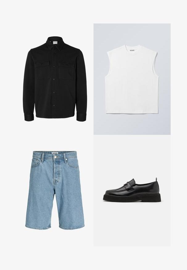 Veste-chemise noire à manches longues avec col pointu, deux poches poitrine à rabat avec boutons et poignets boutonnés.; Haut blanc sans manches en coton à col rond avec épaules structurées, marqué "WEEKDAY" sur l'étiquette du col, présenté sur un fond gris clair.; Shorts en denim bleu clair avec bouton et fermeture éclair à l'avant, passants pour ceinture, et poches avant et arrière.; Chaussures en cuir noir de style mocassin avec une semelle plate et texturée, présentant un bout piqué et une sangle traversant le cou-de-pied.