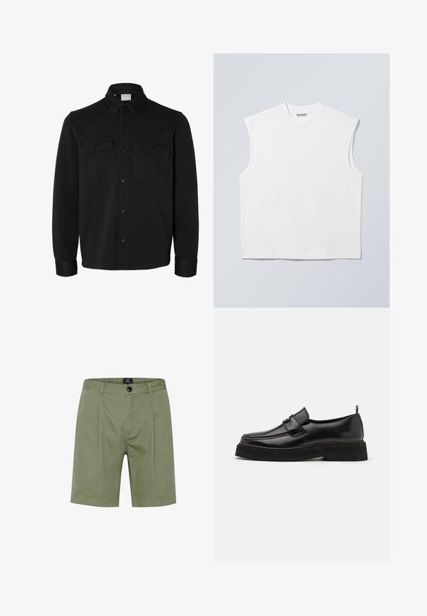 Zwart overhemdjack met lange mouwen en knopen, met spitse kraag, twee borstzakken met klep en knopen en knoopmanchetten.; Wit mouwloos katoenen top met ronde hals en gestructureerde schouders, met het merk "WEEKDAY" op het label in de kraag, afgebeeld op een lichtgrijze achtergrond.; Olijfgroene shorts met een op maat gemaakte uitstraling, voorzien van een knoopsluiting, voorzakken en subtiele verticale strepen in een zachte, gestructureerde stof.; Zwarte leren instapschoenen in loafer-stijl, met een vlakke, gestructureerde zool, voorzien van een gestikte neus en een band over de wreef.