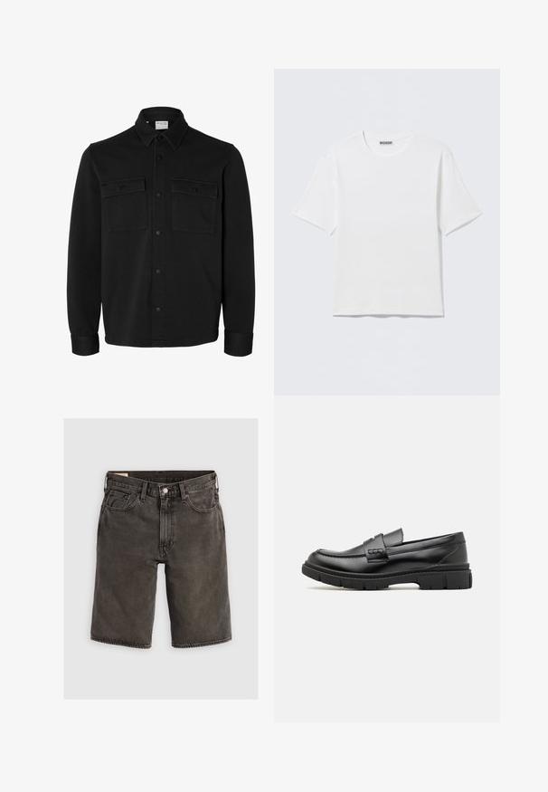Schwarze langärmelige Hemdjacke mit spitzem Kragen, zwei Brusttaschen mit Klappen und Knöpfen sowie knöpfbaren Manschetten.; Schlichtes weißes T-Shirt mit kurzen Ärmeln und Rundhalsausschnitt, mit einem kleinen "WEEKDAY"-Etikett an der Innenseite des Rückenkragens, auf einer flachen Oberfläche liegend dargestellt.; Dunkelgraue Jeansshorts mit regulärer Passform, ausgestattet mit fünf Taschen, einem Knopfverschluss und einem strukturierten Bund. Weicher Stoff, klares Design.; Schwarze Lederloafer mit einem breiten Riemen über dem Rist, Gummisohle mit dicken Profilen und glatter Textur. Klassisches, schlankes Design.