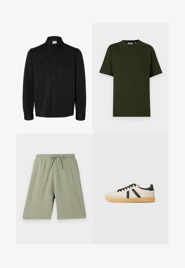 Chaqueta camisa negra de manga larga con botones, cuello puntiagudo, dos bolsillos en el pecho con solapas y botones, y puños abotonados.; Camiseta de algodón de color verde oscuro y manga corta. Cuello redondo, corte relajado y textura suave sin patrones ni acentos visibles.; Pantalones cortos verde claro hechos de una tela texturizada con cintura elástica y cordón. Corte recto y diseño hasta la rodilla.; Zapatillas casuales en crema con rayas negras, con parte superior texturizada y suela de goma. Los cordones son negros. Logo sutil en el costado.