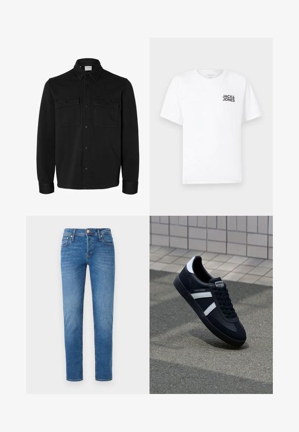 Zwart overhemdjack met lange mouwen en knopen, met spitse kraag, twee borstzakken met klep en knopen en knoopmanchetten.; Witte katoenen t-shirt, korte mouwen, ronde hals. Kenmerkt zich door het zwarte tekstlogo "JACK & JONES" op de linkerkant van de borst. Eenvoudig, strak ontwerp.; Blauwe denim jeans met een slim fit, vijf pockets, sluiting met een knoop aan de voorkant en subtiele vervaging op de dijen en knieën.; Zwarte leren sneaker met witte strepen, een gestructureerde rubberen zool en vetersluiting aan de voorkant. Voorzien van een merklabel op de tong.