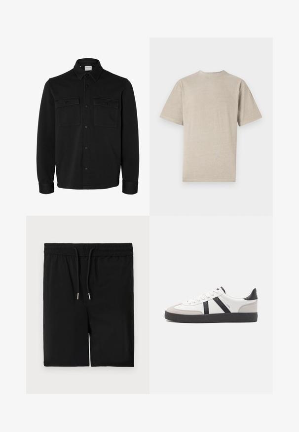 Veste-chemise noire à manches longues avec col pointu, deux poches poitrine à rabat avec boutons et poignets boutonnés.; T-shirt à manches courtes en beige clair avec un col rond, fabriqué en tissu doux, présentant une texture lisse et un design simple sans graphismes.; Shorts noirs en tissu doux, dotés d'une taille élastique avec cordon de serrage et d'une texture lisse. Pas de poches ni d'embellissements supplémentaires.; Baskets blanches avec des accents noirs et gris, présentant un embout texturé gris, une semelle en caoutchouc noir et des lacets plats blancs. Design épuré, style minimaliste.