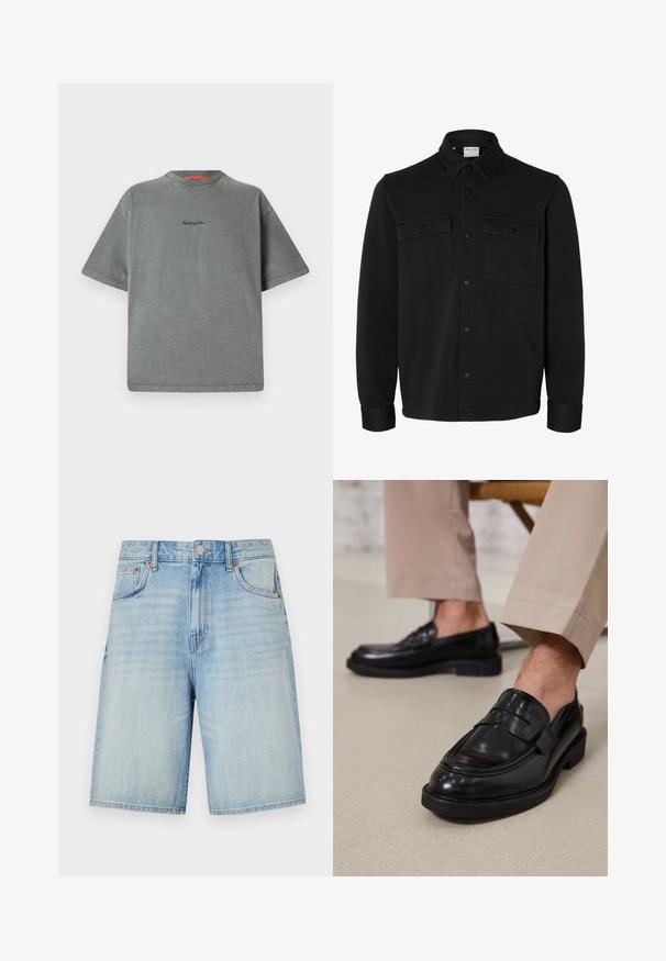 Schwarze langärmelige Hemdjacke mit spitzem Kragen, zwei Brusttaschen mit Klappen und Knöpfen sowie knöpfbaren Manschetten.; Replay Inc. T-Shirt basic - stoned grey; Hellblaue Jeansshorts mit geradem Schnitt, ausgestattet mit einem Knopf- und Reißverschluss, fünf Taschen und einem leicht verwaschenen Finish.; Schwarze Lederloafers mit glatter Oberfläche, ausgestattet mit einem dekorativen Riemen und Kontrastnähten, kombiniert mit beigen Hosen.