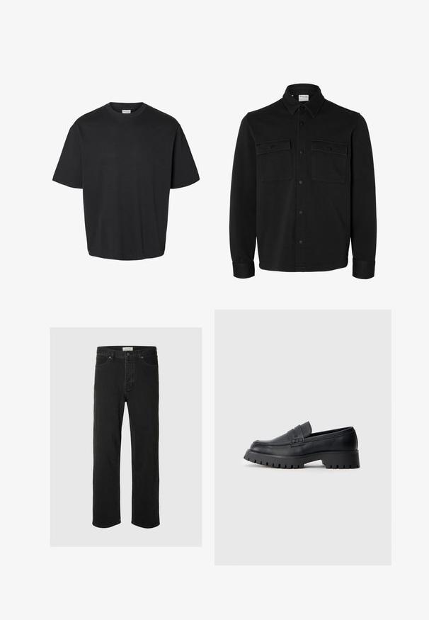 Schwarze langärmelige Hemdjacke mit spitzem Kragen, zwei Brusttaschen mit Klappen und Knöpfen sowie knöpfbaren Manschetten.; Schwarzes T-Shirt mit kurzen Ärmeln und Rundhalsausschnitt, locker geschnitten und mit sichtbarem weißem Etikett im Kragen.; Schwarze Denim-Jeans im Straight-Leg-Schnitt verfügen über ein klassisches Fünf-Taschen-Design mit Knopfverschluss, minimaler Naht und einer weichen Textur.; Schwarze Leder-Loafer mit abgerundeter Schuhspitze, ausgestattet mit einem dekorativen Riemen und einer robusten Gummisohle mit tiefem Profil für besseren Halt.