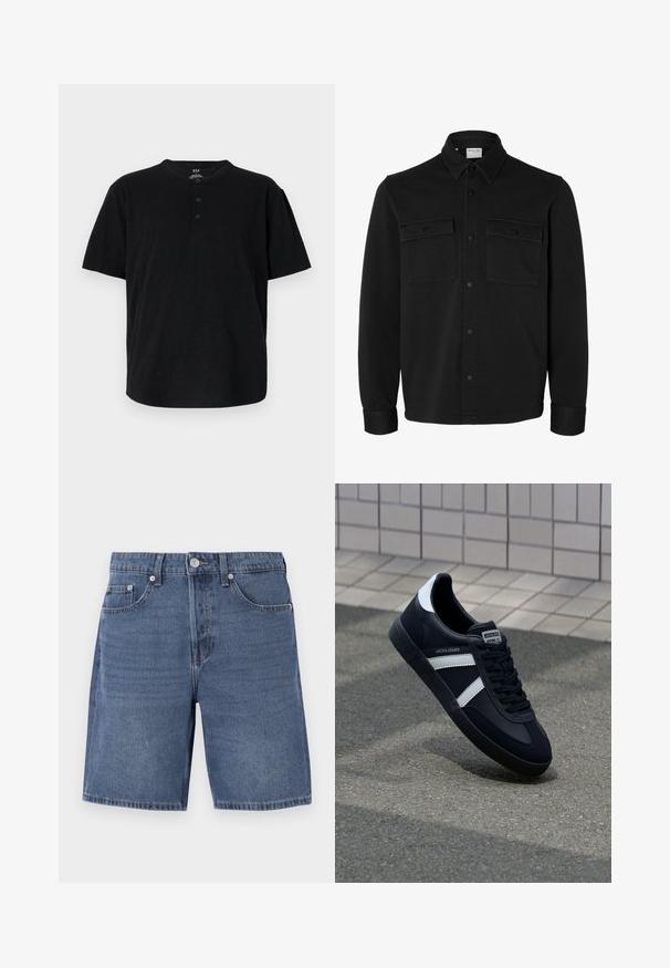 Chaqueta camisa negra de manga larga con botones, cuello puntiagudo, dos bolsillos en el pecho con solapas y botones, y puños abotonados.; Camiseta negra de manga corta con cuello redondo, tapeta de tres botones y un corte holgado. Fabricada con un tejido suave y texturizado.; Shorts de mezclilla en un lavado azul medio, con cierre de cremallera, cinco bolsillos y costuras visibles a lo largo de las costuras. Diseño clásico de corte recto.; Zapatilla de cuero negra con rayas blancas, suela de goma texturizada y parte frontal con cordones. Cuenta con una etiqueta de marca en la lengüeta.