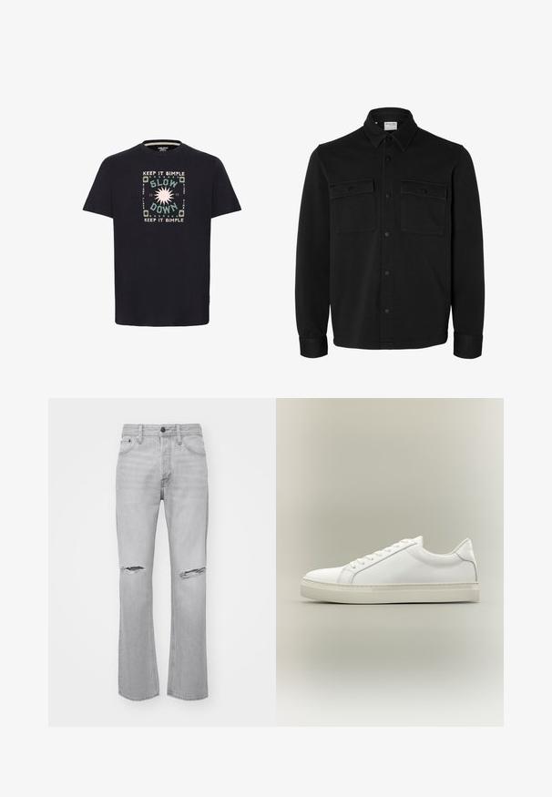 Veste-chemise noire à manches longues avec col pointu, deux poches poitrine à rabat avec boutons et poignets boutonnés.; T-shirt en coton noir avec un design graphique coloré portant le texte "GARDONS ÇA SIMPLE" et "RALENTIS" entouré de motifs circulaires.; Jean en denim gris avec une coupe droite, featuring deux déchirures au niveau des genoux, un design classique à cinq poches et une fermeture éclair avec bouton.; Baskets blanches basses à lacets sur l’avant et semelle épaisse, vues de côté sur un fond neutre.
