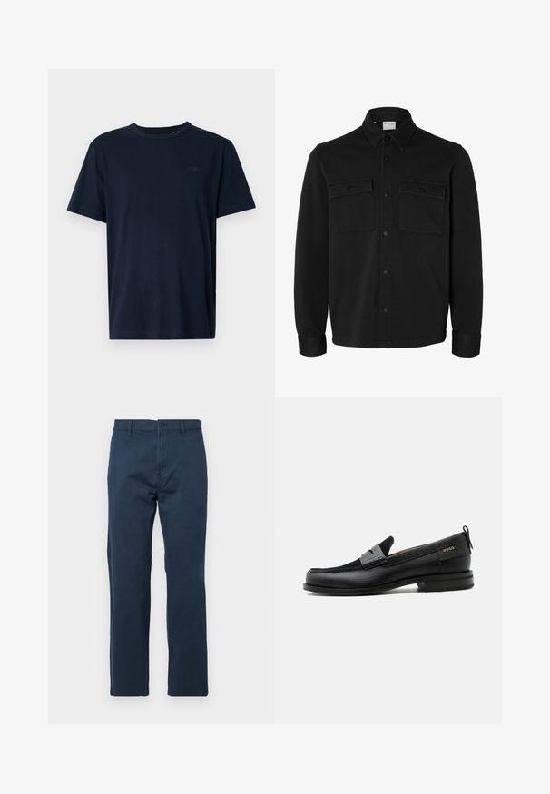Chaqueta camisa negra de manga larga con botones, cuello puntiagudo, dos bolsillos en el pecho con solapas y botones, y puños abotonados.; Camiseta de manga corta azul marino hecha de tela suave, con cuello redondo, con un pequeño logo y el año "1962" impreso en el pecho.; Pantalones de algodón azul marino con corte recto, que cuentan con un cierre de botón en la parte delantera, trabillas para cinturón y bolsillos laterales. Textura suave, sin patrones.; Mocasín de cuero negro con detalle de tira gris, tacón bajo y suela texturizada, con la marca "HUGO" en oro en el lateral.