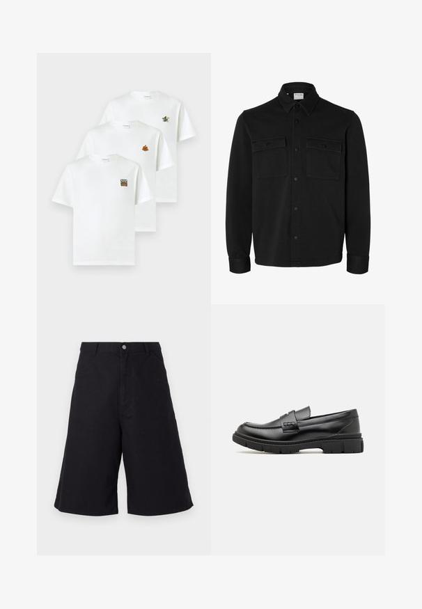 Sort langærmet skjortejakke med knapper, spids krave, to brystlommer med klapper og knapper samt knaphul på manchetterne.; Tre hvide bomulds T-shirts med rund hals. Hver har forskellige broderede motiver: en blomst, en solstråle og en cykel.; Sorte bomuldsbukser med lige snit, der har forlommer, knaplukning og en tekstur, der er velegnet til afslappet brug.; Sort læder loafersko med en bred rem over forfoden, gummisål med tykke mønstre og glat overflade. Klassisk, slankt design.