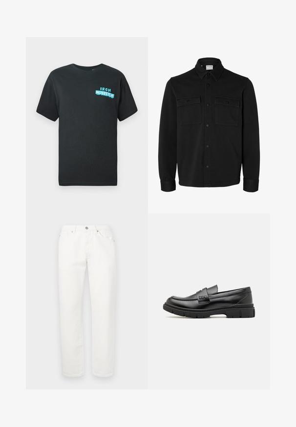 Zwart overhemdjack met lange mouwen en knopen, met spitse kraag, twee borstzakken met klep en knopen en knoopmanchetten.; Zwarte katoenen t-shirt met korte mouwen, voorzien van een blauwe grafische afbeelding met de tekst "IRON MAIDEN" in gestileerde letters aan de voorkant.; Witte denim broek met een recht gesneden ontwerp. Voorzien van een traditionele vijf-pocketindeling, metalen knoopsluiting en een lichte textuur.; Zwarte leren instapper met een brede band over de voet, rubberen zool met dikke noppen en een gladde textuur. Klassiek, strak ontwerp.