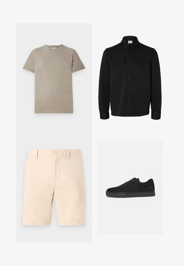 Zwart overhemdjack met lange mouwen en knopen, met spitse kraag, twee borstzakken met klep en knopen en knoopmanchetten.; Korte mouwen T-shirt in lichtbeige katoen, met een ronde halslijn, eenvoudig ontwerp en een gladde textuur zonder zichtbare patronen of accenten.; Beige katoenen shorts met een vlakke voorkant, een enkele knoopsluiting en omgeslagen mouwen. Voorzien van zijzakken en een gladde textuur.; Zwarte lage sneaker met veterluiting aan de voorkant en platte rubberen zool, zijaanzicht op een witte achtergrond.