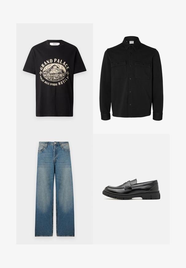 Schwarze langärmelige Hemdjacke mit spitzem Kragen, zwei Brusttaschen mit Klappen und Knöpfen sowie knöpfbaren Manschetten.; Schwarzes Baumwoll-T-Shirt mit einem beigen Grafikdruck eines Berges und dem Text "Grand Palace Replay Belle Epoque Hotel." Einfaches Design mit Rundhalsausschnitt.; Helleblaue weit geschnittene Jeans aus Denim-Stoff, mit einer hohen Taille, fünf Taschen und ausgebleichten Stellen für einen Vintage-Look.; Schwarze Lederloafer mit einem breiten Riemen über dem Rist, Gummisohle mit dicken Profilen und glatter Textur. Klassisches, schlankes Design.