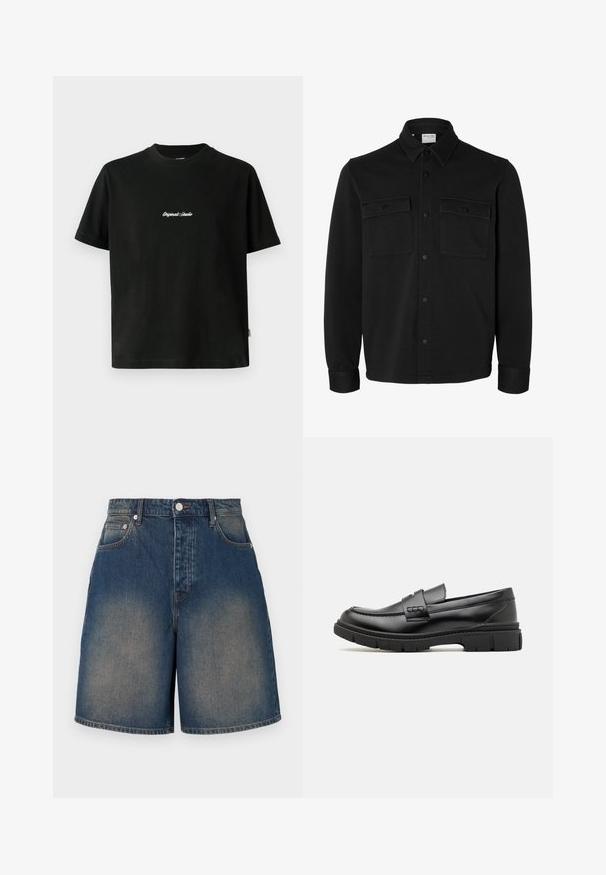 Zwart overhemdjack met lange mouwen en knopen, met spitse kraag, twee borstzakken met klep en knopen en knoopmanchetten.; Zwarte katoenen T-shirt met korte mouwen, met een witte geborduurde tekst "Original Studio" over de borst en een ronde hals.; Jeanshort in middelblauw met een vervaagde wassing. Heeft een hoge taille, vijf zakken en een rechte pasvorm. Met metalen knoopsluiting.; Zwarte leren instapper met een brede band over de voet, rubberen zool met dikke noppen en een gladde textuur. Klassiek, strak ontwerp.