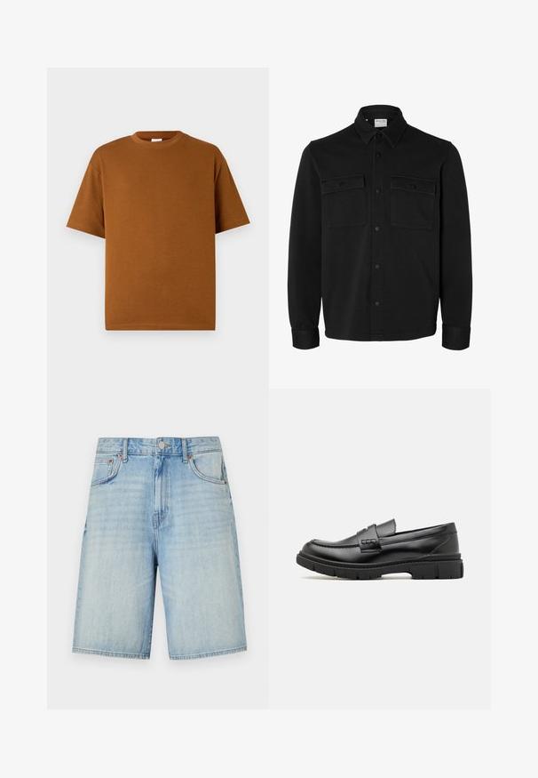 Zwart overhemdjack met lange mouwen en knopen, met spitse kraag, twee borstzakken met klep en knopen en knoopmanchetten.; Bruin t-shirt met korte mouwen, gemaakt van zachte stof, met een ronde halslijn en een ontspannen pasvorm met rechte onderrand. Geen zichtbare patronen of accenten.; Lichtblauwe denimshorts met een rechte snit, voorzien van een knoop- en ritsluiting, vijf zakken en een licht vervaagde afwerking.; Zwarte leren instapper met een brede band over de voet, rubberen zool met dikke noppen en een gladde textuur. Klassiek, strak ontwerp.